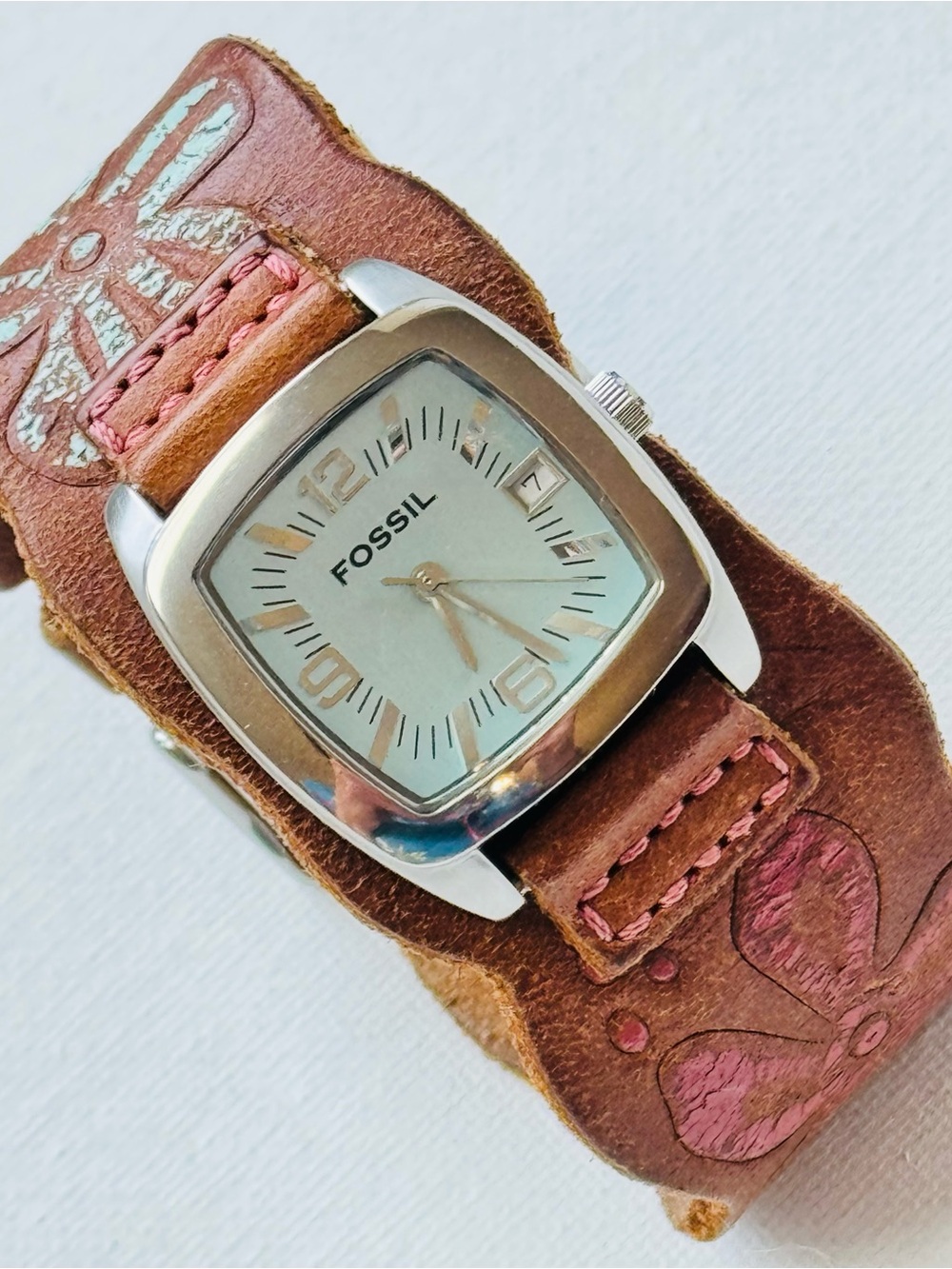 Fossil Date Women's Flower Cuff Watch Silver Brown Leather Blue Dial JR-3724